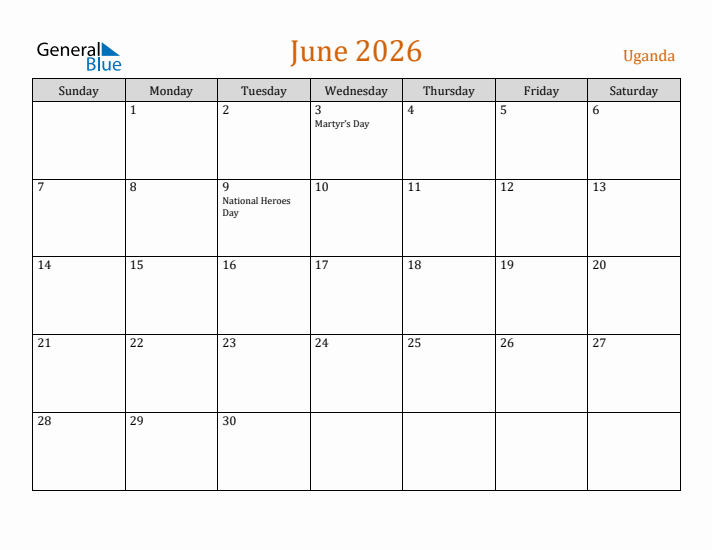 June 2026 Holiday Calendar with Sunday Start