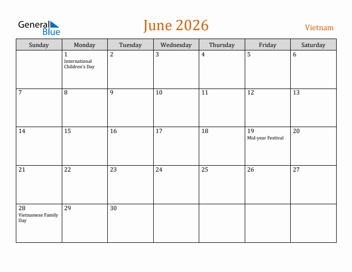 June 2026 Holiday Calendar with Sunday Start