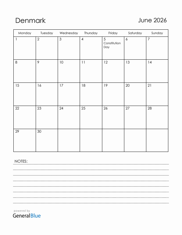 June 2026 Denmark Calendar with Holidays (Monday Start)