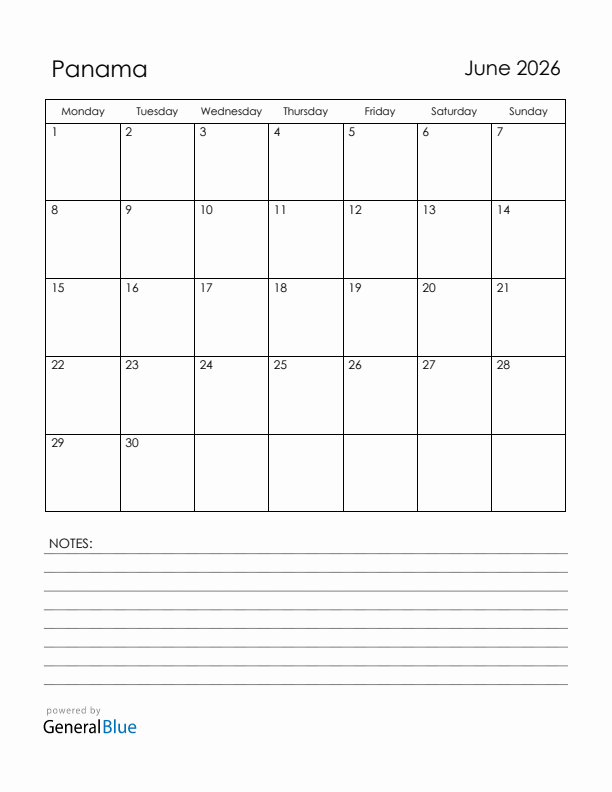 June 2026 Panama Calendar with Holidays (Monday Start)