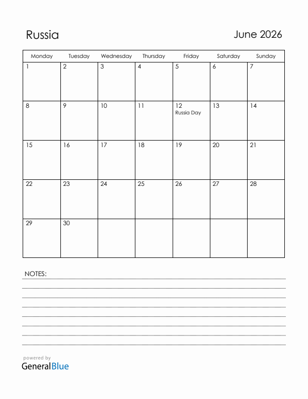 June 2026 Russia Calendar with Holidays (Monday Start)