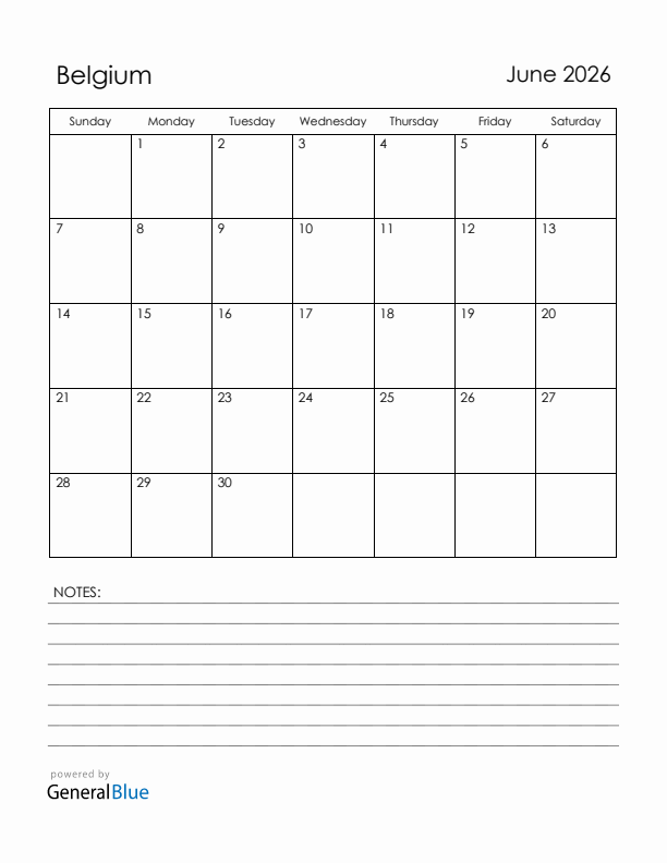June 2026 Belgium Calendar with Holidays (Sunday Start)