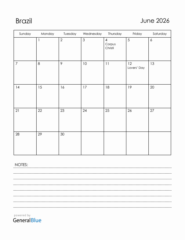 June 2026 Brazil Calendar with Holidays (Sunday Start)