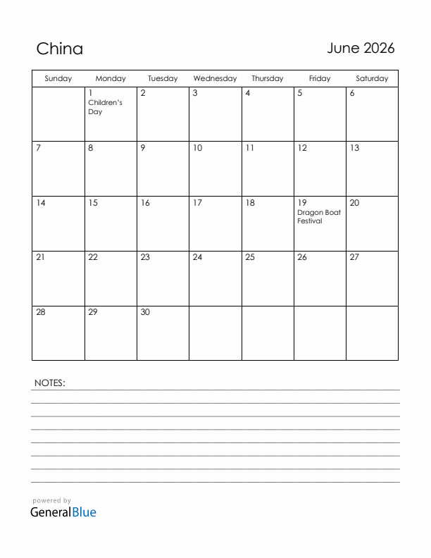 June 2026 China Calendar with Holidays (Sunday Start)