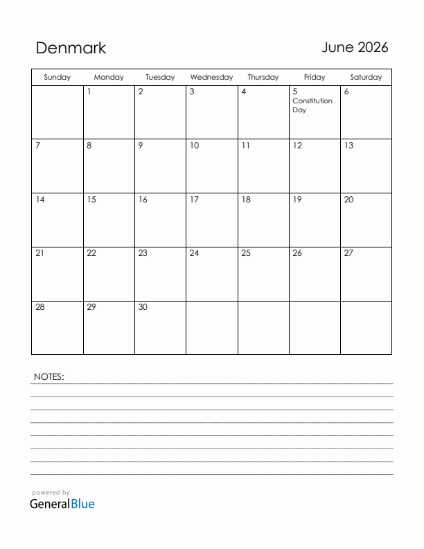June 2026 Denmark Calendar with Holidays (Sunday Start)