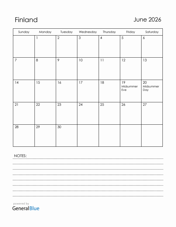 June 2026 Finland Calendar with Holidays (Sunday Start)