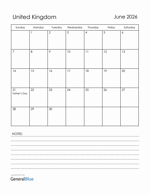 June 2026 United Kingdom Calendar with Holidays (Sunday Start)
