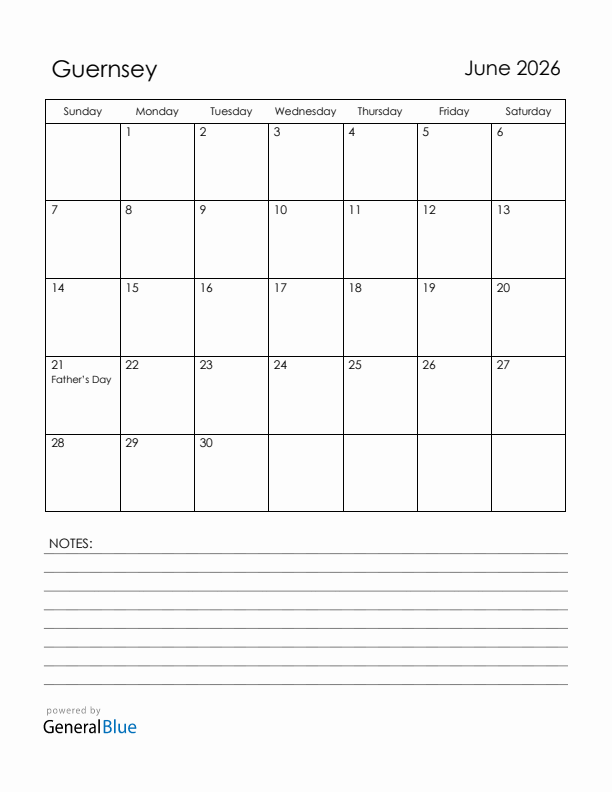 June 2026 Guernsey Calendar with Holidays (Sunday Start)