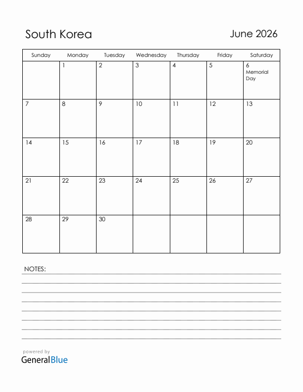 June 2026 South Korea Calendar with Holidays (Sunday Start)