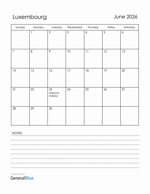 June 2026 Luxembourg Calendar with Holidays (Sunday Start)