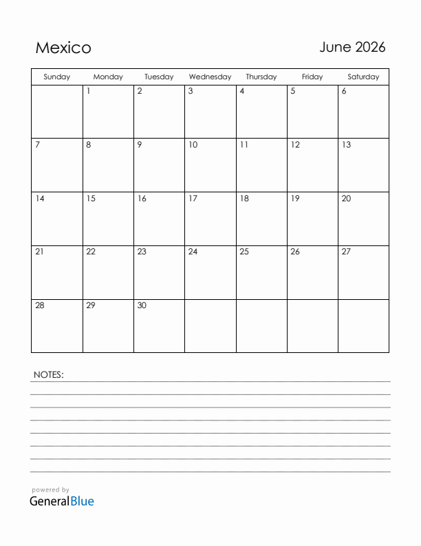 June 2026 Mexico Calendar with Holidays (Sunday Start)