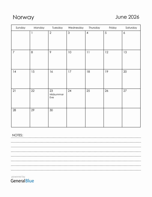 June 2026 Norway Calendar with Holidays (Sunday Start)