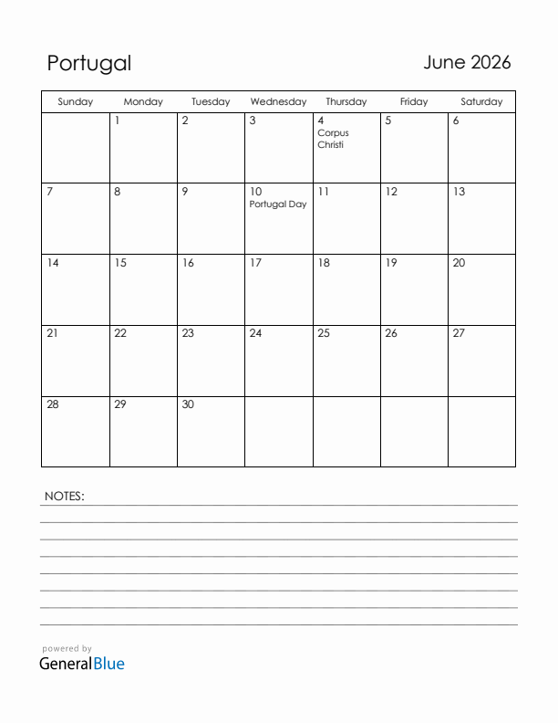 June 2026 Portugal Calendar with Holidays (Sunday Start)