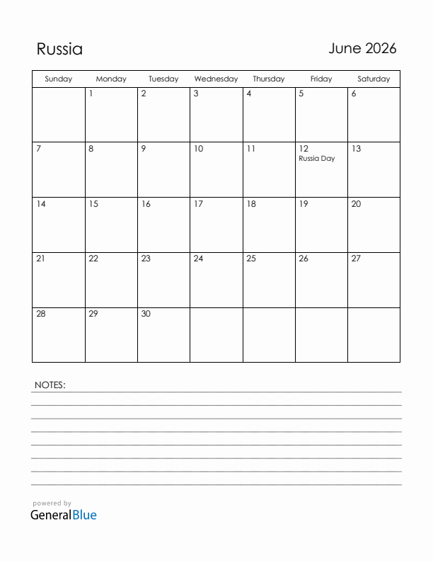 June 2026 Russia Calendar with Holidays (Sunday Start)