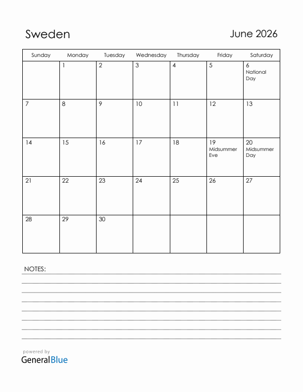 June 2026 Sweden Calendar with Holidays (Sunday Start)