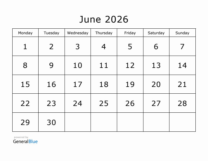 Printable June 2026 Calendar - Monday Start