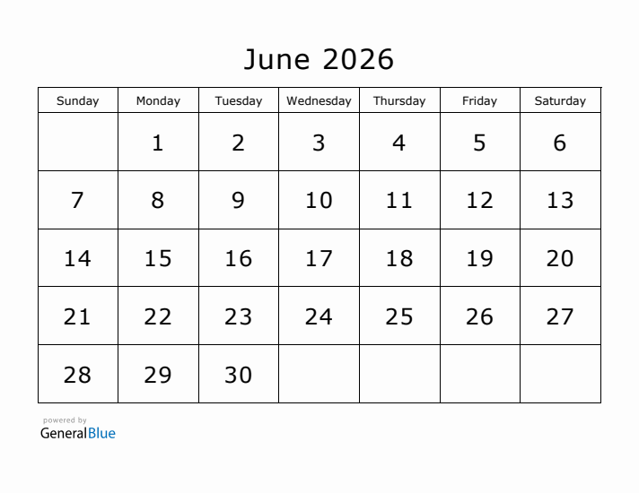 Printable June 2026 Calendar - Sunday Start