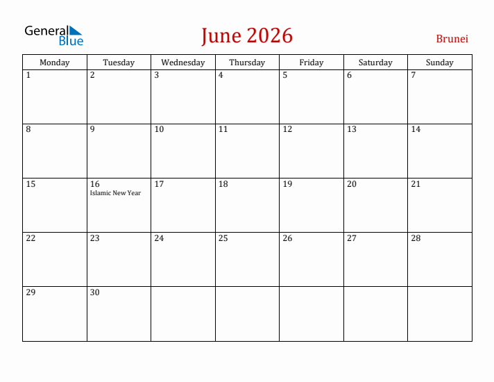 Brunei June 2026 Calendar - Monday Start