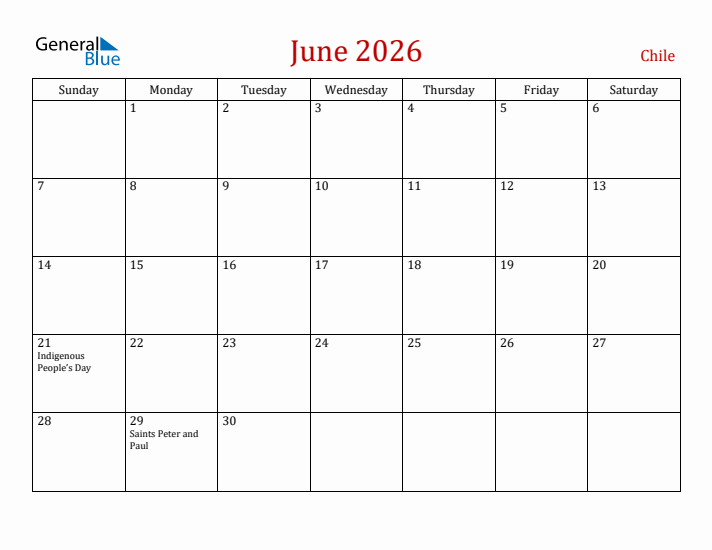 Chile June 2026 Calendar - Sunday Start