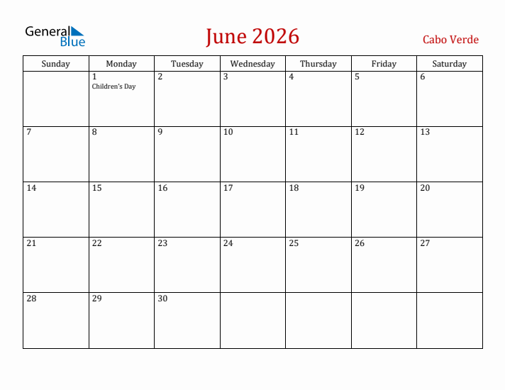 Cabo Verde June 2026 Calendar - Sunday Start