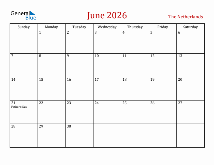 The Netherlands June 2026 Calendar - Sunday Start