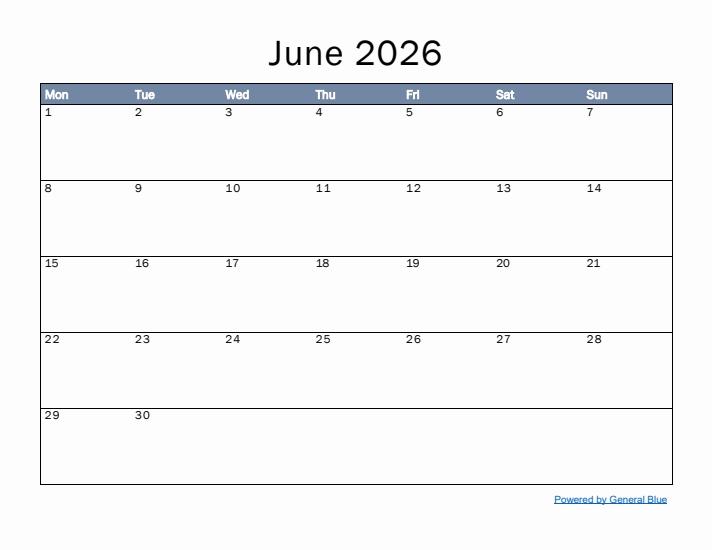 June 2026 Simple Month Calendar Template