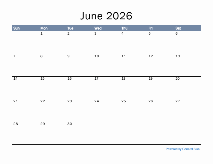 June 2026 Simple Month Calendar Template