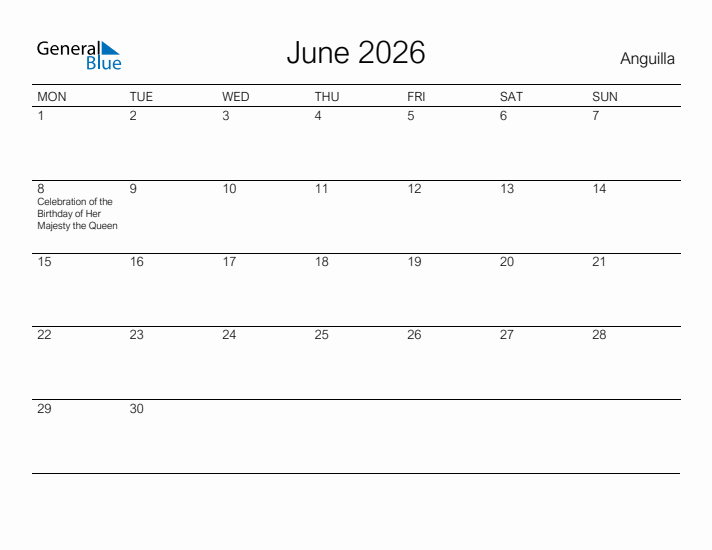 Printable June 2026 Calendar for Anguilla