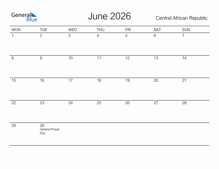 Printable June 2026 Calendar for Central African Republic