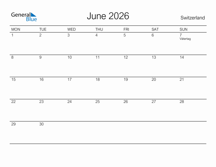 Printable June 2026 Calendar for Switzerland