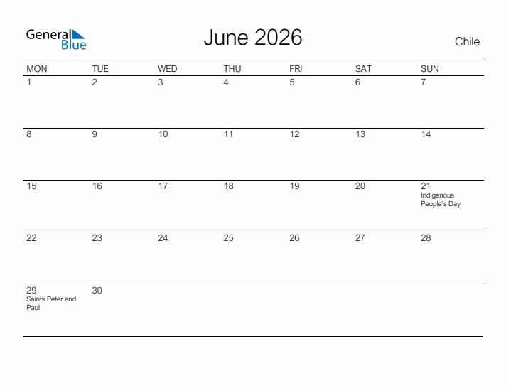 Printable June 2026 Calendar for Chile