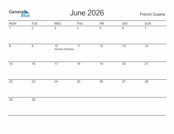 Printable June 2026 Calendar for French Guiana