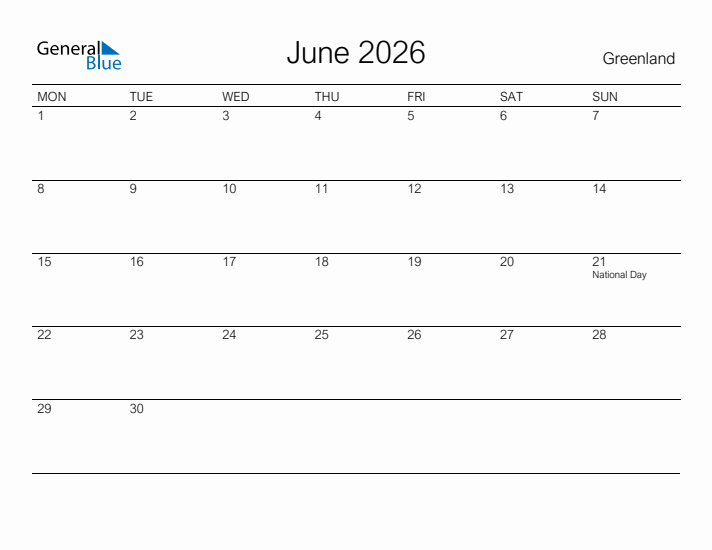 Printable June 2026 Calendar for Greenland