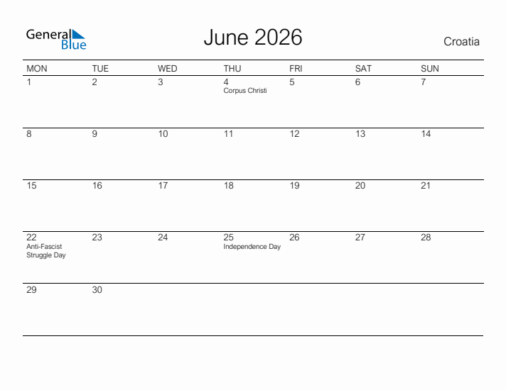 Printable June 2026 Calendar for Croatia