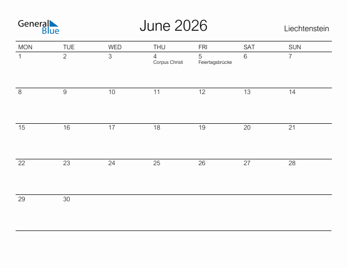 Printable June 2026 Calendar for Liechtenstein