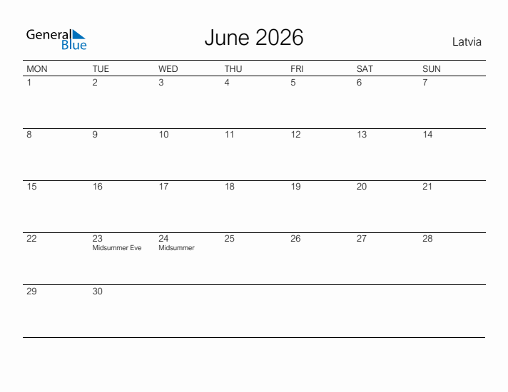 Printable June 2026 Calendar for Latvia