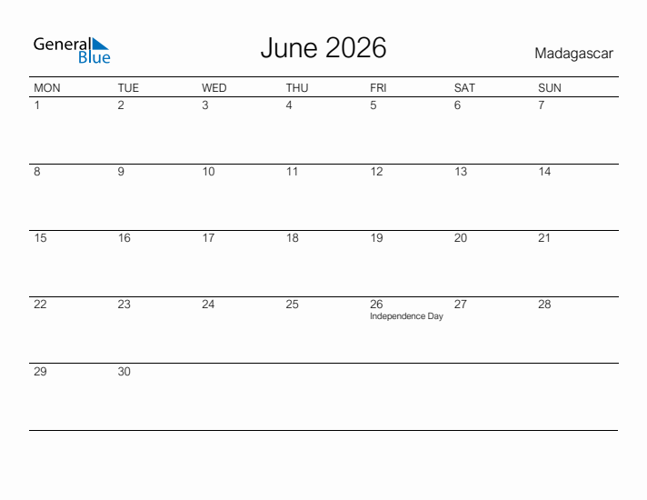 Printable June 2026 Calendar for Madagascar