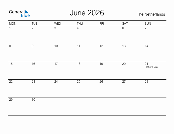 Printable June 2026 Calendar for The Netherlands