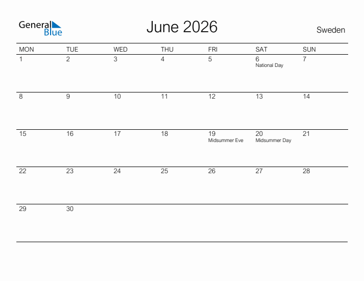 Printable June 2026 Calendar for Sweden