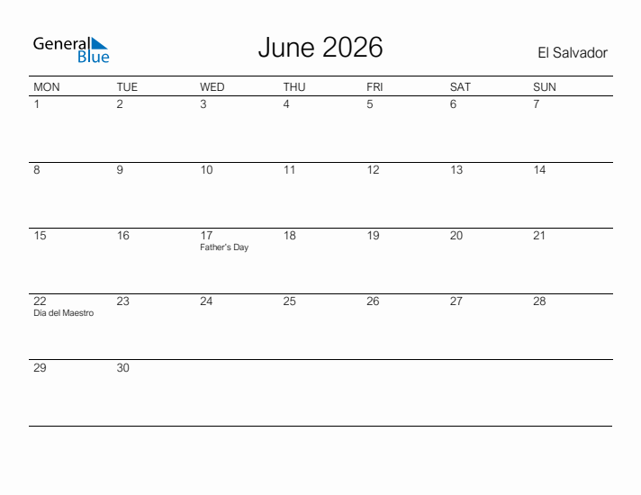 Printable June 2026 Calendar for El Salvador