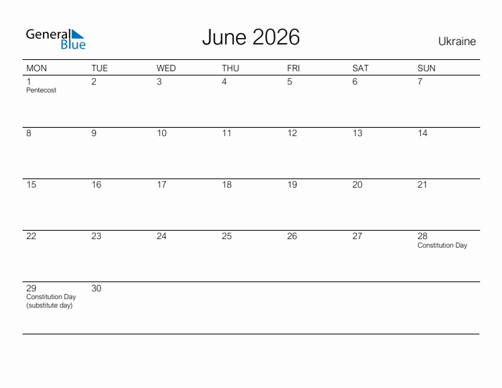 Printable June 2026 Calendar for Ukraine