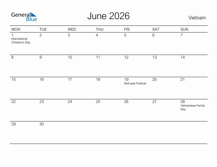 Printable June 2026 Calendar for Vietnam