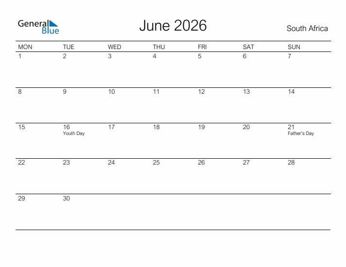 Printable June 2026 Calendar for South Africa