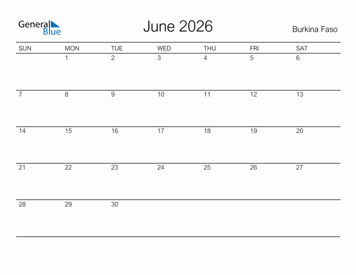 Printable June 2026 Calendar for Burkina Faso