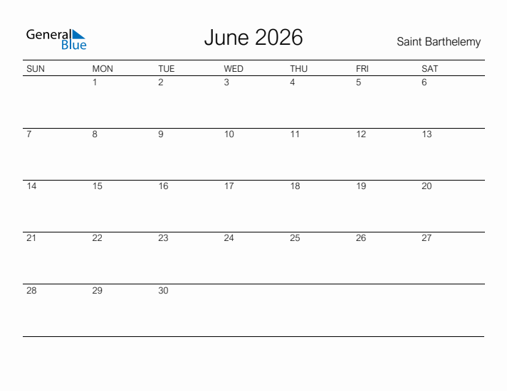 Printable June 2026 Calendar for Saint Barthelemy