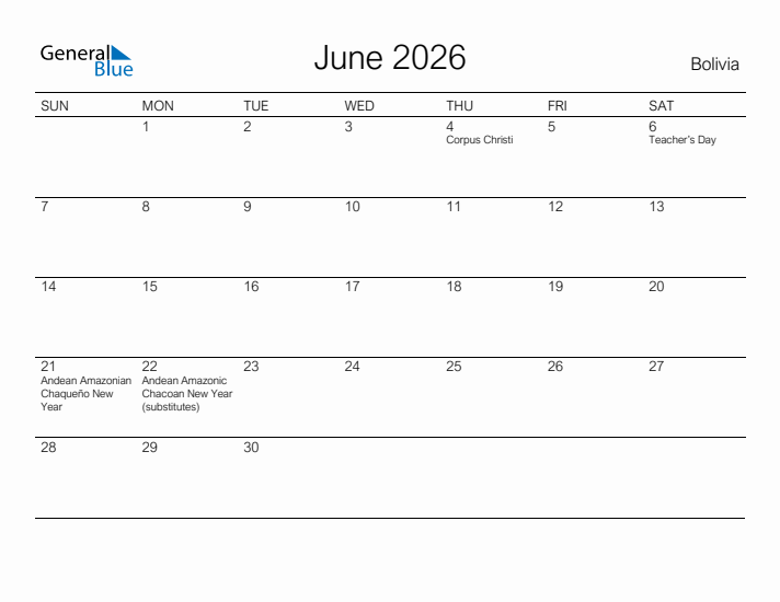 Printable June 2026 Calendar for Bolivia