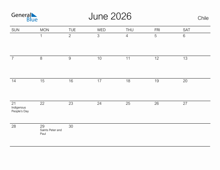 Printable June 2026 Calendar for Chile