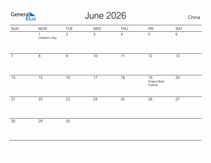 Printable June 2026 Calendar for China