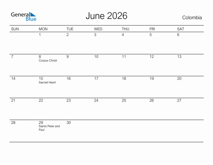 Printable June 2026 Calendar for Colombia