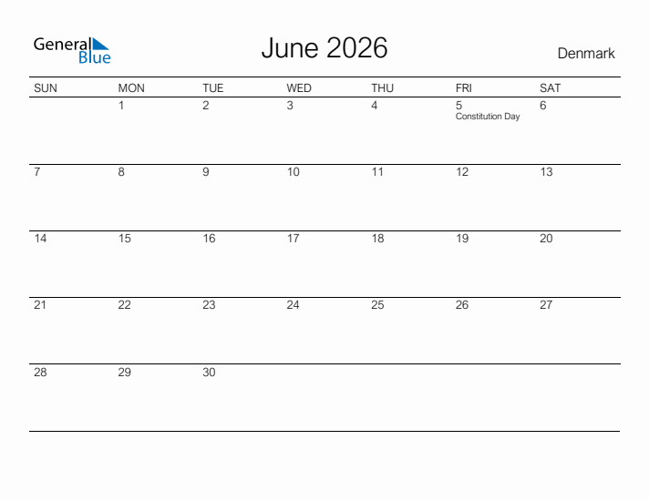 Printable June 2026 Calendar for Denmark